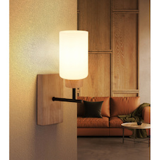 Nástěnná lampa, kov s imitací tmavého dubového dřeva, matný černý kov, matné bílé sklo, směr světla: nahoru, ŠxV:10x31cm, V:18cm, bez žárovek 1x E27, max. 60W 230V