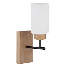 Nástěnná lampa, kov s imitací tmavého dubového dřeva, matný černý kov, matné bílé sklo, směr světla: nahoru, ŠxV:10x31cm, V:18cm, bez žárovek 1x E27, max. 60W 230V