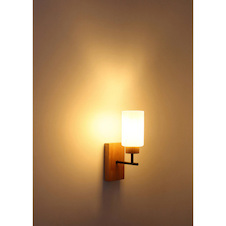 Nástěnná lampa, kov s imitací tmavého dubového dřeva, matný černý kov, matné bílé sklo, směr světla: nahoru, ŠxV:10x31cm, V:18cm, bez žárovek 1x E27, max. 60W 230V