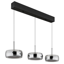 Závěsné svítidlo, matný černý kov, kouřové sklo, bílý plast, černý PVC kabel, výška nastavitelná od 30 do 120cm s mechanismem soft lift, DxŠxV:85x20x120cm, LED 30W 230 V, zdroj 3000lm, výkon 2400lm, 3000 K