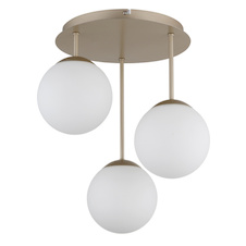 Stropní svítidlo, kov, barva šampaň, bílé skleněné koule, Ø:34cm, V:40cm, bez žárovek 3x E14, max. 25W LED 230V