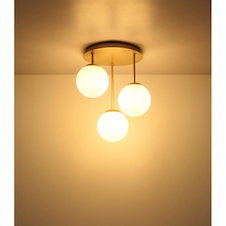 Stropní svítidlo, kov, barva šampaň, bílé skleněné koule, Ø:34cm, V:40cm, bez žárovek 3x E14, max. 25W LED 230V