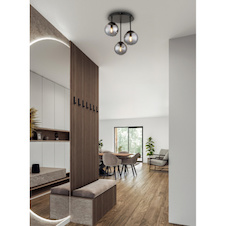 Stropní svítidlo, matný černý kov, kouřově zbarvené skleněné koule, Ø:32,5cm, V:40cm, bez žárovek 3x E14, max. 25W LED 230V
