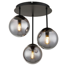 Stropní svítidlo, matný černý kov, kouřově zbarvené skleněné koule, Ø:32,5cm, V:40cm, bez žárovek 3x E14, max. 25W LED 230V