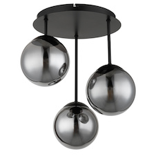 Stropní svítidlo, matný černý kov, kouřově zbarvené skleněné koule, Ø:32,5cm, V:40cm, bez žárovek 3x E14, max. 25W LED 230V