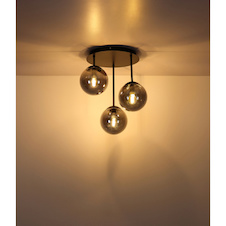 Stropní svítidlo, matný černý kov, kouřově zbarvené skleněné koule, Ø:32,5cm, V:40cm, bez žárovek 3x E14, max. 25W LED 230V
