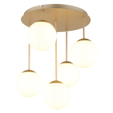 Stropní svítidlo, kov, barva šampaňského, bílé skleněné koule, Ø:38cm, V:51cm, bez žárovek 5x E14, max. 25W LED 230V