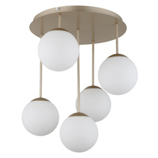 Stropní svítidlo, kov, barva šampaňského, bílé skleněné koule, Ø:38cm, V:51cm, bez žárovek 5x E14, max. 25W LED 230V