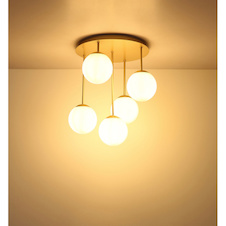 Stropní svítidlo, kov, barva šampaňského, bílé skleněné koule, Ø:38cm, V:51cm, bez žárovek 5x E14, max. 25W LED 230V