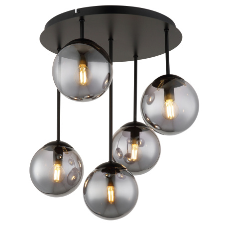 Stropní svítidlo, matný černý kov, kouřově zbarvené skleněné koule, Ø:38cm, V:51cm, bez žárovek 5x E14, max. 25W LED 230V