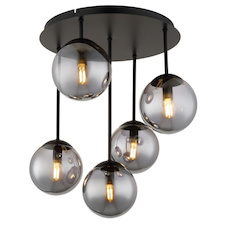 Stropní svítidlo, matný černý kov, kouřově zbarvené skleněné koule, Ø:38cm, V:51cm, bez žárovek 5x E14, max. 25W LED 230V