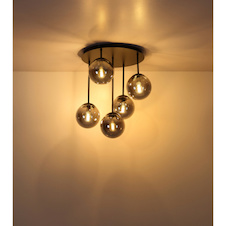 Stropní svítidlo, matný černý kov, kouřově zbarvené skleněné koule, Ø:38cm, V:51cm, bez žárovek 5x E14, max. 25W LED 230V