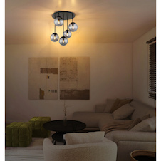 Stropní svítidlo, matný černý kov, kouřově zbarvené skleněné koule, Ø:38cm, V:51cm, bez žárovek 5x E14, max. 25W LED 230V