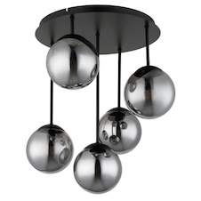 Stropní svítidlo, matný černý kov, kouřově zbarvené skleněné koule, Ø:38cm, V:51cm, bez žárovek 5x E14, max. 25W LED 230V