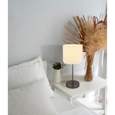 Stolní lampa, kov, černá a chrom matná, lněná krémová, PVC kabel, kolébkový vypínač na kabelu, Ø:17cm, V:37cm, délka kabelu 150cm, bez žárovky 1x E27, max. 25W 230V