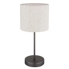 Stolní lampa, kov, černá a chrom matná, lněná krémová, PVC kabel, kolébkový vypínač na kabelu, Ø:17cm, V:37cm, délka kabelu 150cm, bez žárovky 1x E27, max. 25W 230V