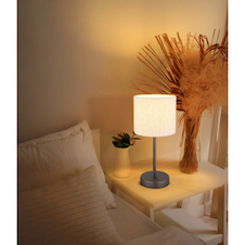 Stolní lampa, kov, černá a chrom matná, lněná krémová, PVC kabel, kolébkový vypínač na kabelu, Ø:17cm, V:37cm, délka kabelu 150cm, bez žárovky 1x E27, max. 25W 230V
