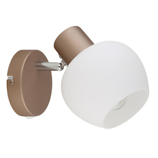 Nástěnná lampa, matný kov v barvě kávy, pochromovaný kov, bílé sklo, kolébkový vypínač na výrobku, otočná/naklápěcí, ŠxV:12,5x15cm, V:16cm, bez žárovky 1x E27 40W, 230V