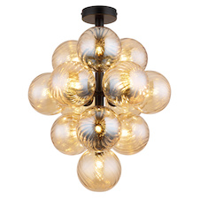 Stropní svítidlo, matný černý kov, jantarové skleněné koule, Ø:39,5cm, V:50cm, bez žárovek 13xG9, max. 4W LED 230V
