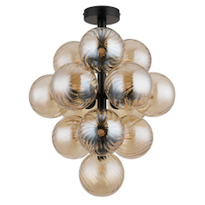 Stropní svítidlo, matný černý kov, jantarové skleněné koule, Ø:39,5cm, V:50cm, bez žárovek 13xG9, max. 4W LED 230V