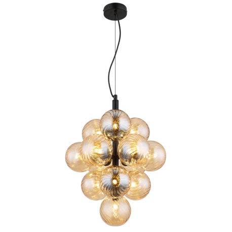 Závěsné svítidlo, matný černý kov, jantarové skleněné koule, černý PVC kabel, výškově nastavitelné, Ø:39,5cm, V:120cm, bez žárovek 13xG9, max. 4W LED 230V
