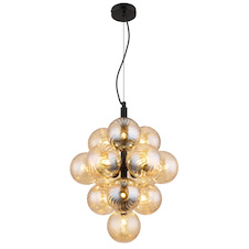 Závěsné svítidlo, matný černý kov, jantarové skleněné koule, černý PVC kabel, výškově nastavitelné, Ø:39,5cm, V:120cm, bez žárovek 13xG9, max. 4W LED 230V