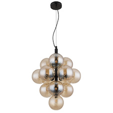 Závěsné svítidlo, matný černý kov, jantarové skleněné koule, černý PVC kabel, výškově nastavitelné, Ø:39,5cm, V:120cm, bez žárovek 13xG9, max. 4W LED 230V