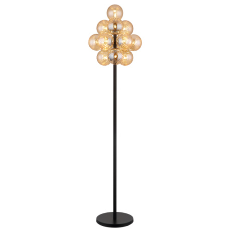 Stojací lampa, matný černý kov, jantarové skleněné koule, černý PVC kabel, nožní vypínač integrovaný v kabelu, Ø:39,5cm, V:160cm, délka kabelu 180cm, bez žárovek 13xG9, max. 4W LED 230V