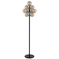 Stojací lampa, matný černý kov, jantarové skleněné koule, černý PVC kabel, nožní vypínač integrovaný v kabelu, Ø:39,5cm, V:160cm, délka kabelu 180cm, bez žárovek 13xG9, max. 4W LED 230V