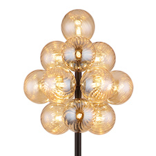 Stojací lampa, matný černý kov, jantarové skleněné koule, černý PVC kabel, nožní vypínač integrovaný v kabelu, Ø:39,5cm, V:160cm, délka kabelu 180cm, bez žárovek 13xG9, max. 4W LED 230V