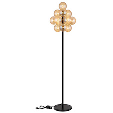 Stojací lampa, matný černý kov, jantarové skleněné koule, černý PVC kabel, nožní vypínač integrovaný v kabelu, Ø:39,5cm, V:160cm, délka kabelu 180cm, bez žárovek 13xG9, max. 4W LED 230V