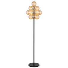 Stojací lampa, matný černý kov, jantarové skleněné koule, černý PVC kabel, nožní vypínač integrovaný v kabelu, Ø:39,5cm, V:160cm, délka kabelu 180cm, bez žárovek 13xG9, max. 4W LED 230V