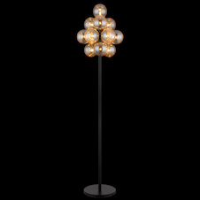Stojací lampa, matný černý kov, jantarové skleněné koule, černý PVC kabel, nožní vypínač integrovaný v kabelu, Ø:39,5cm, V:160cm, délka kabelu 180cm, bez žárovek 13xG9, max. 4W LED 230V