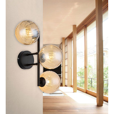 Nástěnná lampa, matný černý kov, jantarové skleněné koule, DxŠxV:36x28x25cm, bez žárovek 3xG9, max. 4W LED 230V