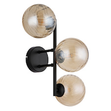 Nástěnná lampa, matný černý kov, jantarové skleněné koule, DxŠxV:36x28x25cm, bez žárovek 3xG9, max. 4W LED 230V