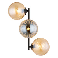 Nástěnná lampa, matný černý kov, jantarové skleněné koule, DxŠxV:36x28x25cm, bez žárovek 3xG9, max. 4W LED 230V