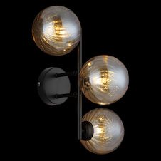 Nástěnná lampa, matný černý kov, jantarové skleněné koule, DxŠxV:36x28x25cm, bez žárovek 3xG9, max. 4W LED 230V