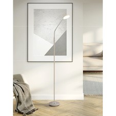 Stojací lampa, kov, pískově matná, nikl matný, chrom, čirý akrylát, bílý PVC kabel, dotykové zapnutí/vypnutí/stmívání, flexo, DxŠxV:52x20x173cm, délka kabelu 180cm, LED 6,5W 230V, zdroj 700lm, výkon 350lm, CCT 2700/3350/4000K