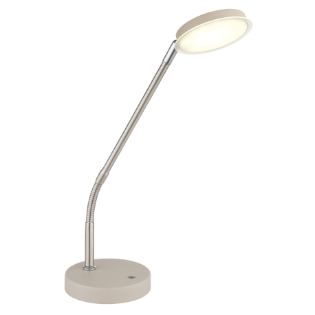 Stolní lampa, kov, pískově matný, nikl matný, chrom, čirý akrylát, bílý PVC kabel, dotykové zapnutí/vypnutí/stmívání, flexo, DxŠxV:43x13x53,5cm, délka kabelu 1500mm, LED 6,5W 230V, zdroj 700lm, výkon 350lm, CCT 2700/3350/4000 K