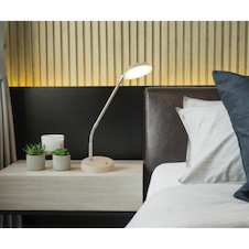 Stolní lampa, kov, pískově matný, nikl matný, chrom, čirý akrylát, bílý PVC kabel, dotykové zapnutí/vypnutí/stmívání, flexo, DxŠxV:43x13x53,5cm, délka kabelu 1500mm, LED 6,5W 230V, zdroj 700lm, výkon 350lm, CCT 2700/3350/4000 K