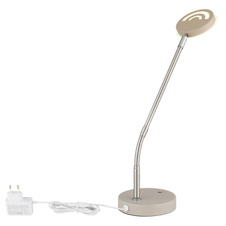 Stolní lampa, kov, pískově matný, nikl matný, chrom, čirý akrylát, bílý PVC kabel, dotykové zapnutí/vypnutí/stmívání, flexo, DxŠxV:43x13x53,5cm, délka kabelu 1500mm, LED 6,5W 230V, zdroj 700lm, výkon 350lm, CCT 2700/3350/4000 K