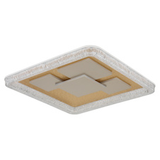 Stropní svítidlo, matný bílý kov, matný zlatý kov, průhledný plast s krystalovým efektem, bílý akryl, DxŠxV: 488 x 488 x 70 mm, LED 40W 230V, zdroj 4300 lm, výstup 3450 lm, 3000K