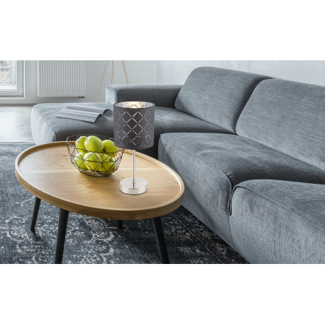 Stolní svítidlo, kov nikl matný, textil šedý, stínidlo s dekorativním děrováním, kabel 1,5m, vypínač, Ø15cm, V:35cm, bez žárovky 1xE14, max. 40W 230V.