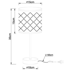 Stolní lampa, kov nikl matný, textil šedý, stínidlo s dekorativním děrováním, kabel 1,5m, vypínač, Ø15cm, V:35cm, bez žárovky 1xE14, max. 40W 230V.