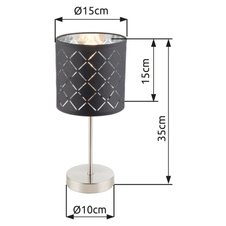 Stolní lampa, kov nikl matný, textil šedý, stínidlo s dekorativním děrováním, kabel 1,5m, vypínač, Ø15cm, V:35cm, bez žárovky 1xE14, max. 40W 230V.