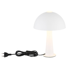 Stolní lampa z matného bílého kovu, kabel z černého PVC, kolébkový vypínač na kabelu, ø: 200 mm, V: 285 mm, délka kabelu 1500 mm, bez žárovky 1xE14, max. 25W 230V