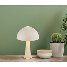 Stolní lampa z kovu v matné pískové barvě, kabel z černého PVC, kolébkový vypínač na kabelu, ø: 200 mm, V: 285 mm, délka kabelu 1500 mm, bez žárovky 1xE14, max. 25W 230V