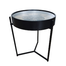 Konferenční stolek, černý kov, skleněná deska, ø: 490 mm, V: 570 mm