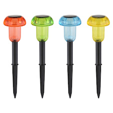 Solární svítidlo, plast černý, plast průhledný, včetně baterií AAA 150mAh 1.2V, IP44, Ø:62mm, V:137mm, hrot do země: 10cm, set 4ks, včetně LED 0.05W 3V, 1 kus červený, modrý, zelený, žlutý