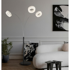 Stojací lampa, matný černý kov, čirý akryl, čiré skleněné krystaly, černý PVC kabel, dotykové zapnutí/vypnutí, plynulý dotykový stmívač, paměť, DxŠxV:82,5x102x190cm, délka kabelu 180cm, LED 35W, zdroj 380-3850lm, výstup 280-2880lm, CCT 3000-6000K